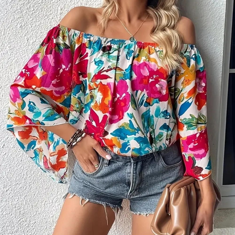 Floral Off Shoulders Blouse Size Large - Picture 1 of 3